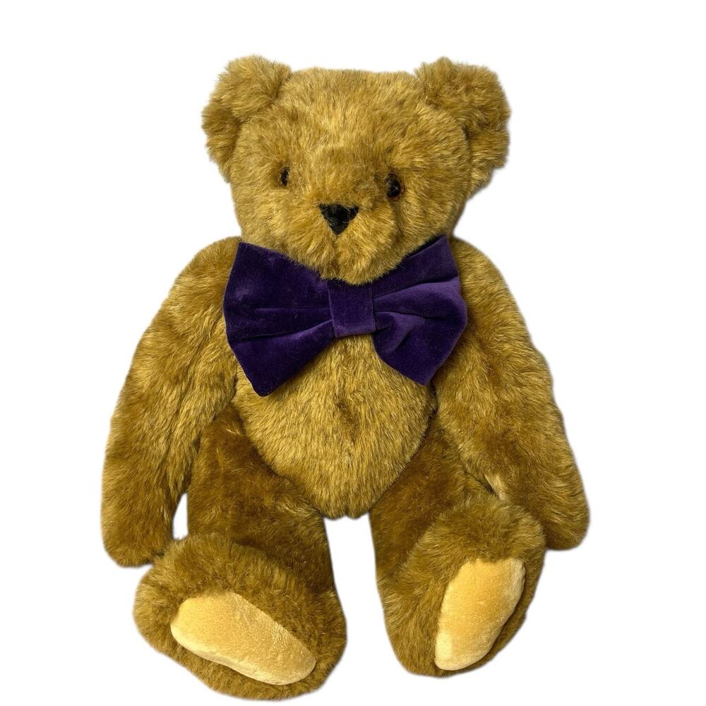 Vintage Vermont Teddy Bear 16”Plush Jointed Purple Bow Tie Collectible USA Made